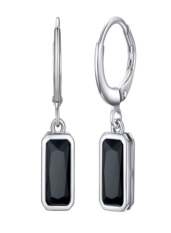 Bestyle Dainty Black Onxy Drop Earrings for Women - Rectangular Birthstone Dangle Earring with Hypoallergenic Silver Huggie Hoops - Trendy Black Baguette Dangle Hoop Earrings - Image 1